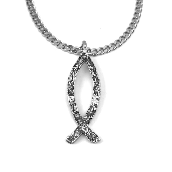 Ichthus Fish Hammered Finish Chain Necklace - Forgiven Jewelry
