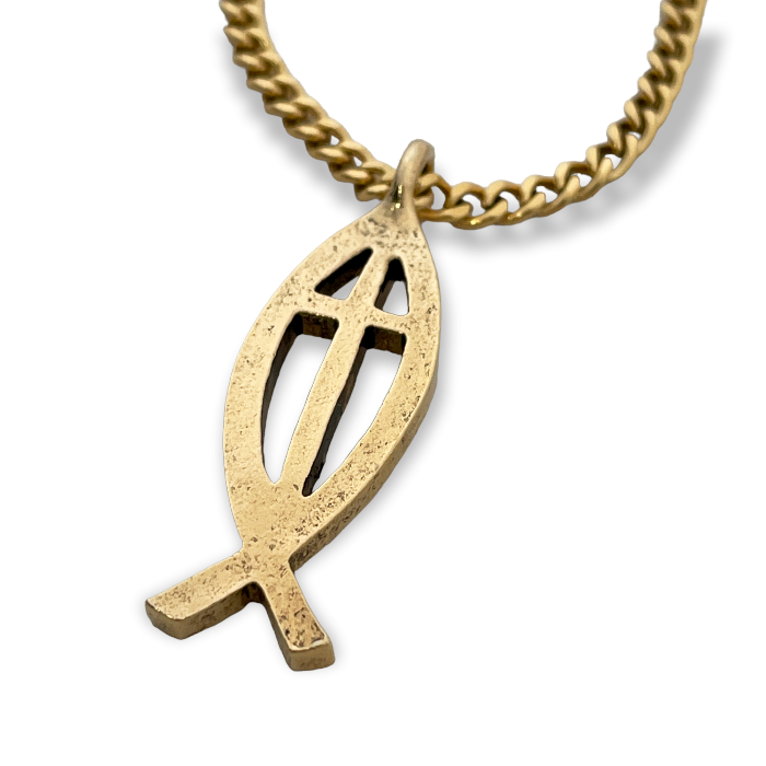 Cross Ichthus Fish Gold Finish Pendant Gold Stainless Steel Chain Necklace