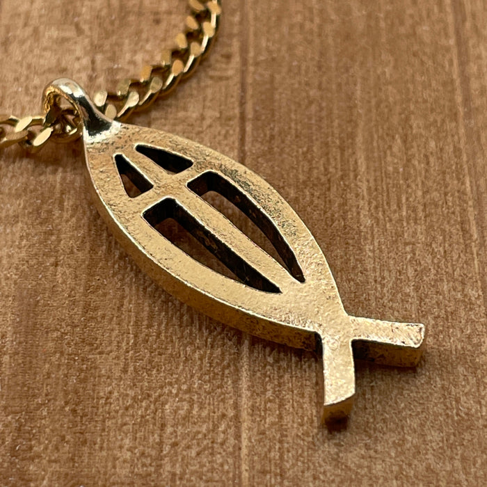 Cross Ichthus Fish Gold Finish Pendant Gold Stainless Steel Chain Necklace