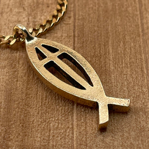 Cross Ichthus Fish Gold Finish Pendant Gold Stainless Steel Chain Necklace