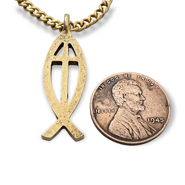 Cross Ichthus Fish Gold Finish Pendant Gold Stainless Steel Chain Necklace