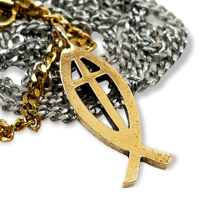 Cross Ichthus Fish Gold Finish Pendant Gold Stainless Steel Chain Necklace