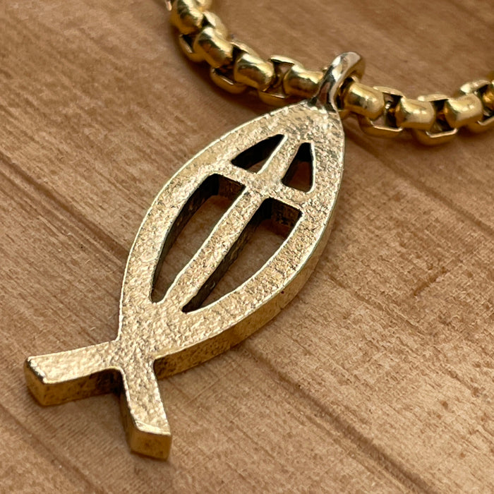 Cross Ichthus Fish Gold Finish Pendant Gold Heavy Chain Necklace