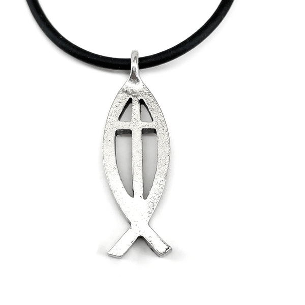 Cross Ichthus Jesus Fish Silver Finish Black Cord Necklace - Forgiven Jewelry