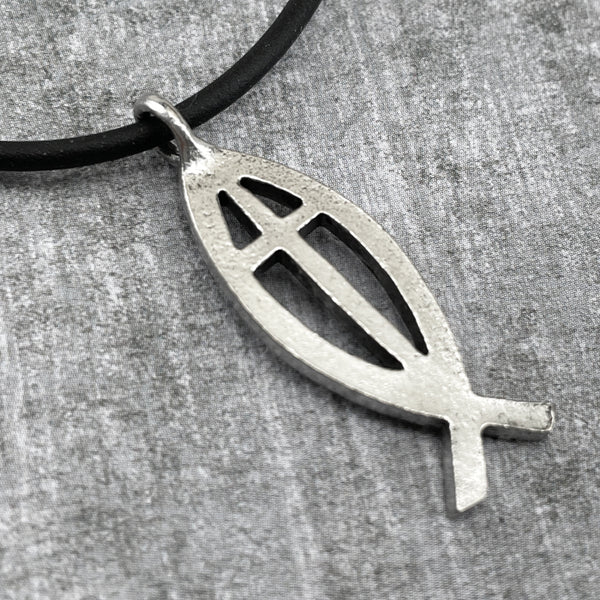 Cross Ichthus Jesus Fish Silver Finish Black Cord Necklace - Forgiven Jewelry