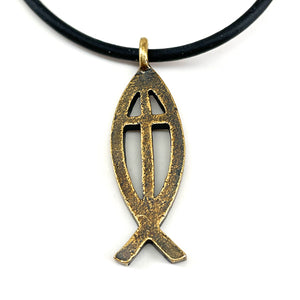 Cross Ichthus Jesus Fish Antique Brass Finish Black Cord Necklace - Forgiven Jewelry