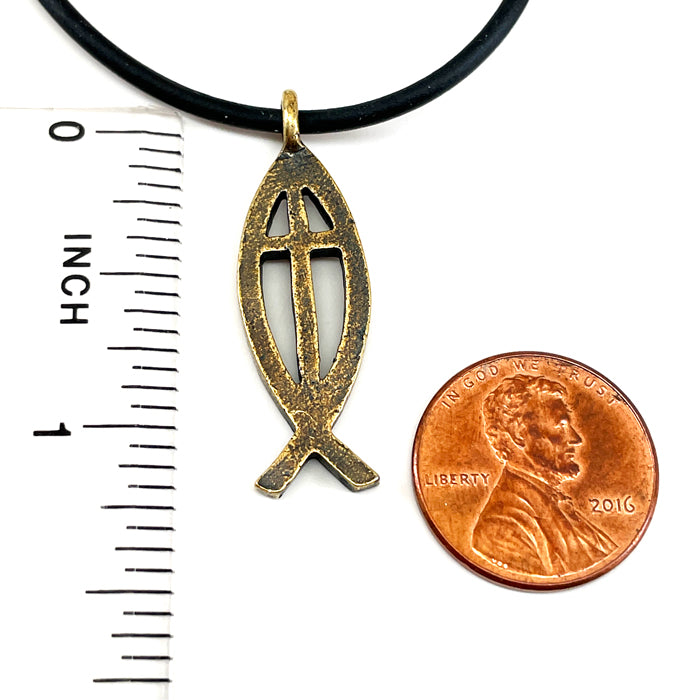 Cross Ichthus Jesus Fish Antique Brass Finish Black Cord Necklace - Forgiven Jewelry
