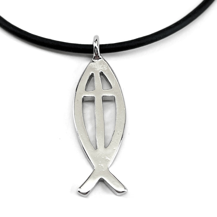 Cross Ichthus Jesus Fish Rhodium Finish Black Cord Necklace - Forgiven Jewelry