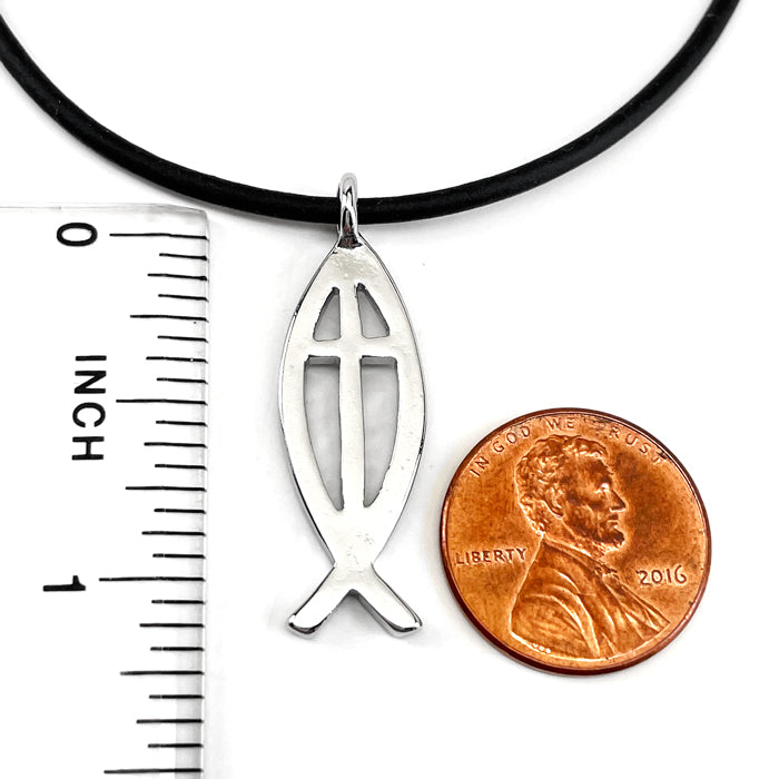 Cross Ichthus Jesus Fish Rhodium Finish Black Cord Necklace - Forgiven Jewelry