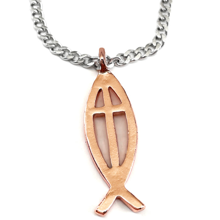 Cross Ichthus Shiny Copper Finish Fish Stainless Steel Chain Necklace - Forgiven Jewelry
