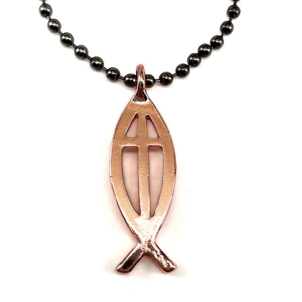 Cross Ichthus Fish Shiny Copper Finish Ball Chain Necklace - Forgiven Jewelry