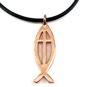 Cross Ichthus Jesus Fish Copper Finish Black Cord Necklace - Forgiven Jewelry