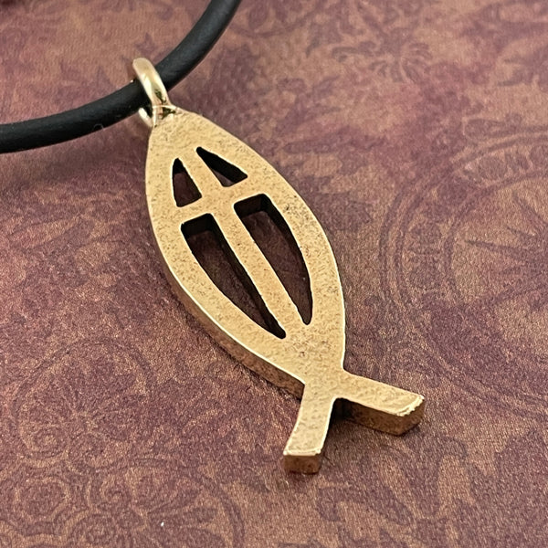 Cross Ichthus Jesus Fish Gold Finish Black Cord Necklace - Forgiven Jewelry