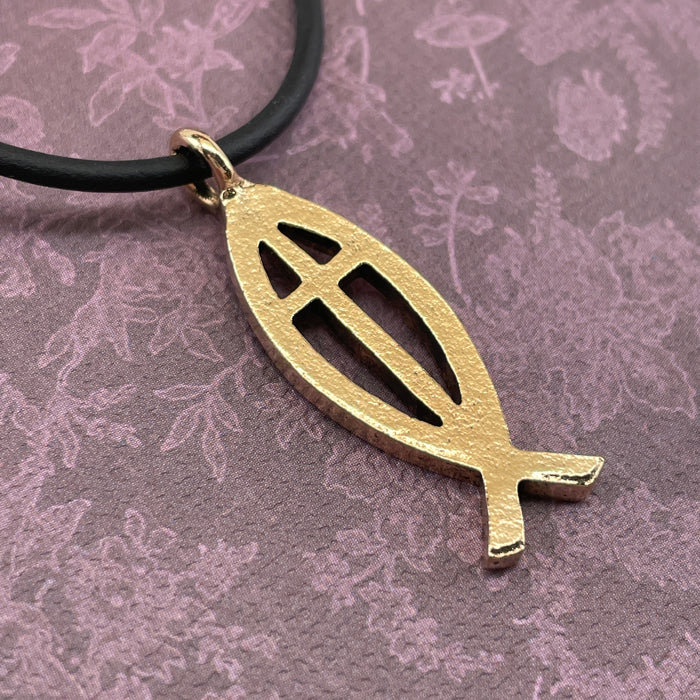 Cross Ichthus Jesus Fish Gold Finish Black Cord Necklace - Forgiven Jewelry