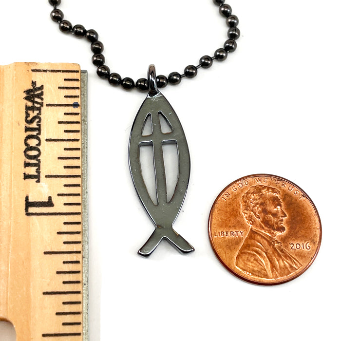Cross Ichthus Fish Gunmetal Finish Ball Chain Necklace - Forgiven Jewelry