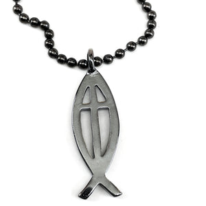 Cross Ichthus Fish Gunmetal Finish Ball Chain Necklace - Forgiven Jewelry