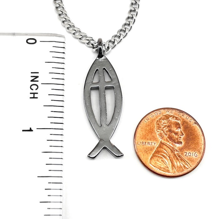 Cross Ichthus Gunmetal Finish Fish Stainless Steel Chain Necklace - Forgiven Jewelry