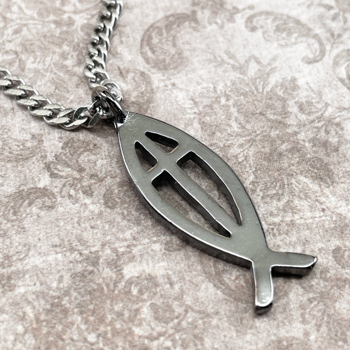Cross Ichthus Gunmetal Finish Fish Stainless Steel Chain Necklace - Forgiven Jewelry