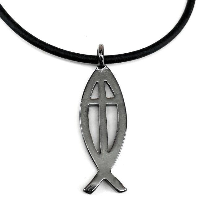 Cross Ichthus Jesus Fish Gunmetal Finish Black Cord Necklace - Forgiven Jewelry