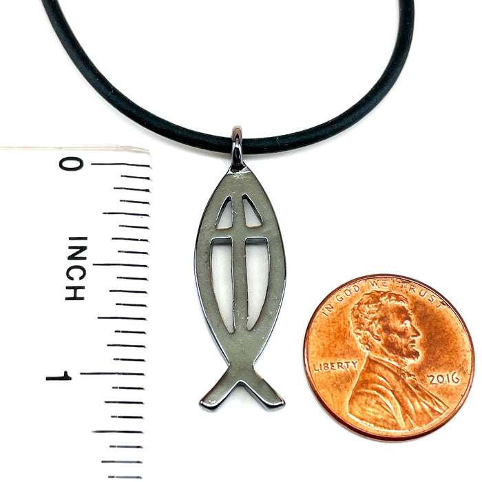 Cross Ichthus Jesus Fish Gunmetal Finish Black Cord Necklace - Forgiven Jewelry
