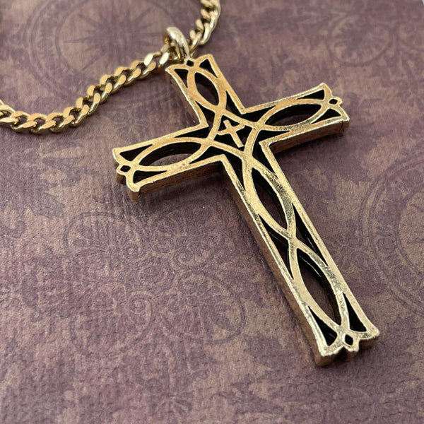 Cross Ichthus Fish Gold Metal Finish Pendant Gold Finish Curb Chain Necklace