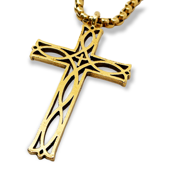 Cross Ichthus Fish Gold Metal Finish Pendant Gold Finish Heavy Chain Necklace