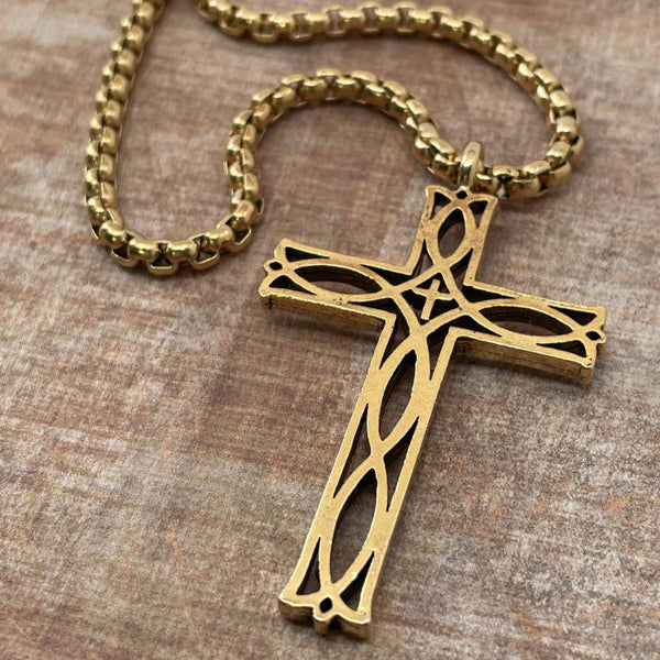 Cross Ichthus Fish Gold Metal Finish Pendant Gold Finish Heavy Chain Necklace