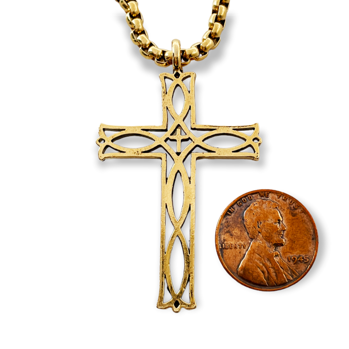 Cross Ichthus Fish Gold Metal Finish Pendant Gold Finish Heavy Chain Necklace
