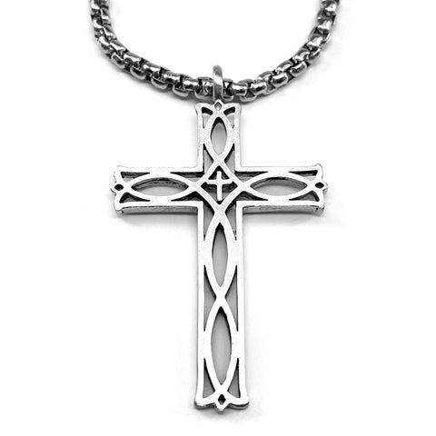 Cross Ichthus Fish Antique Silver Necklace Heavy Chain - Forgiven Jewelry