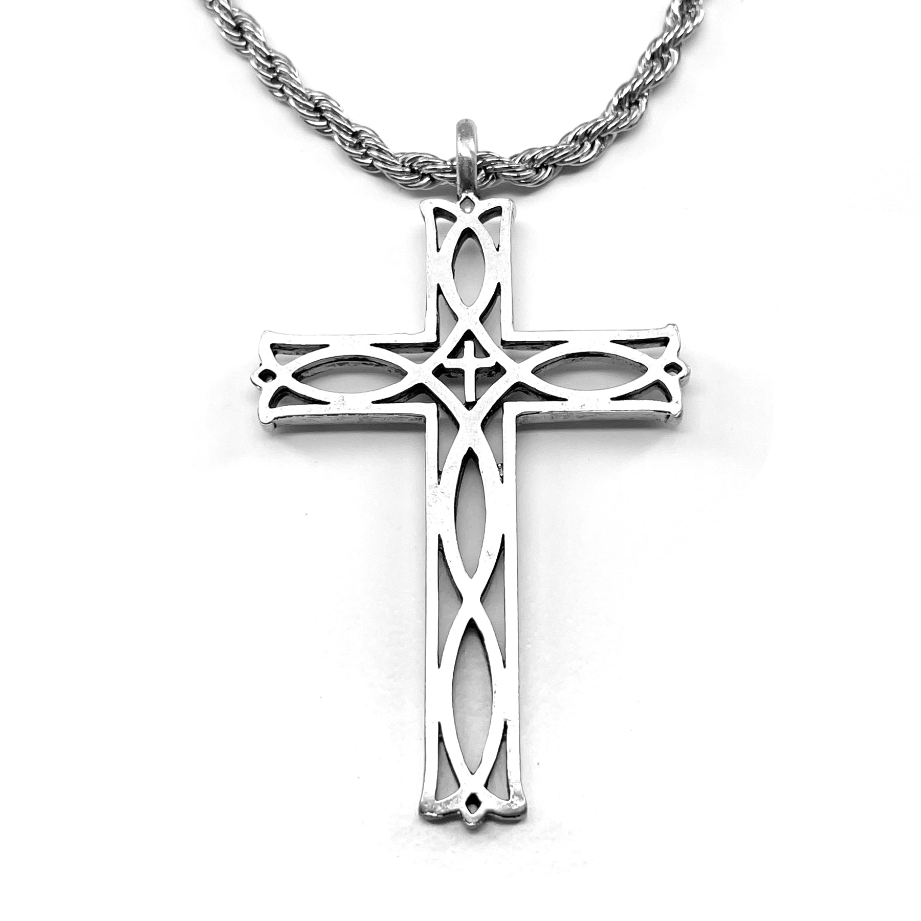 Cross Ichthus Fish Antique Silver Necklace Rope Chain