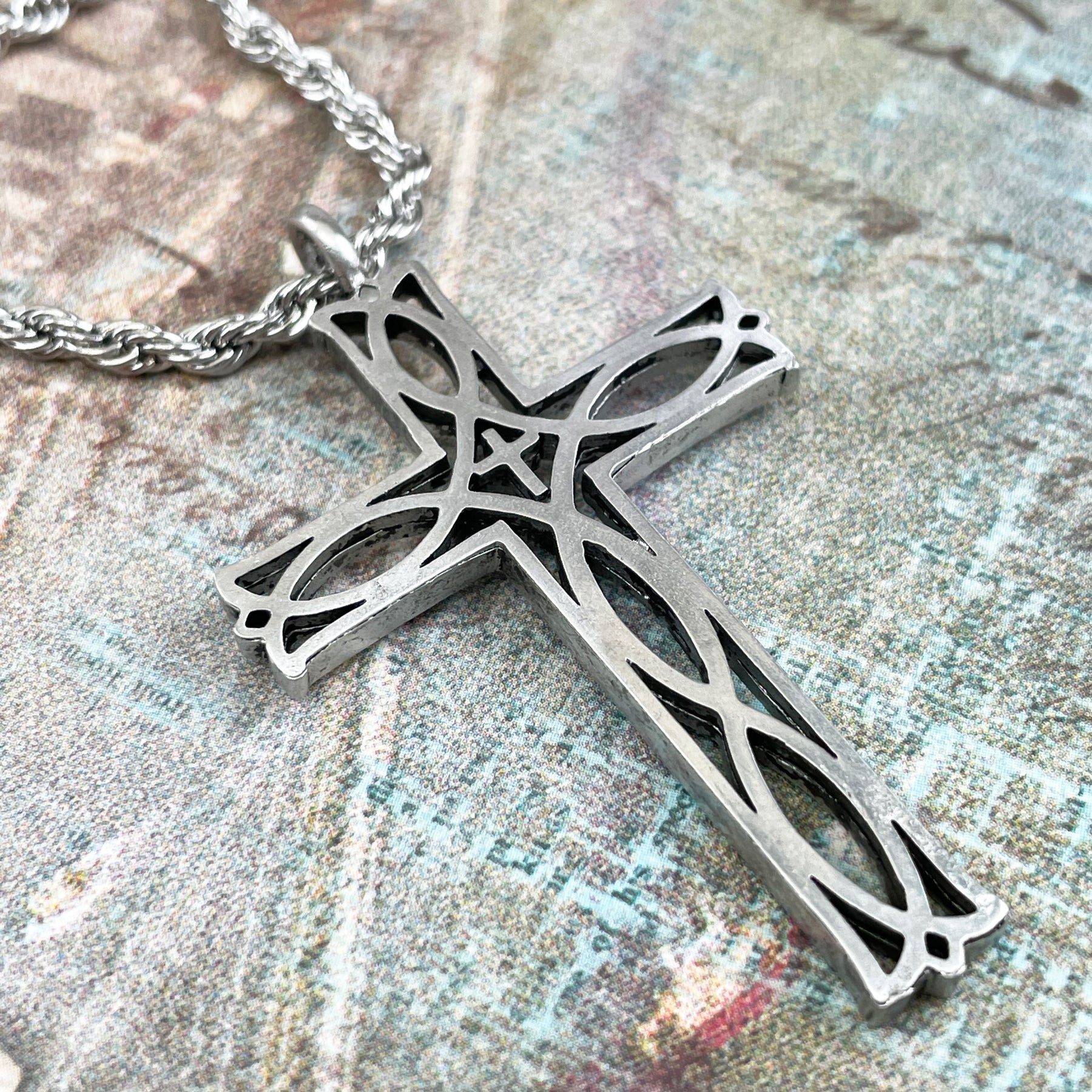 Cross Ichthus Fish Antique Silver Necklace Rope Chain