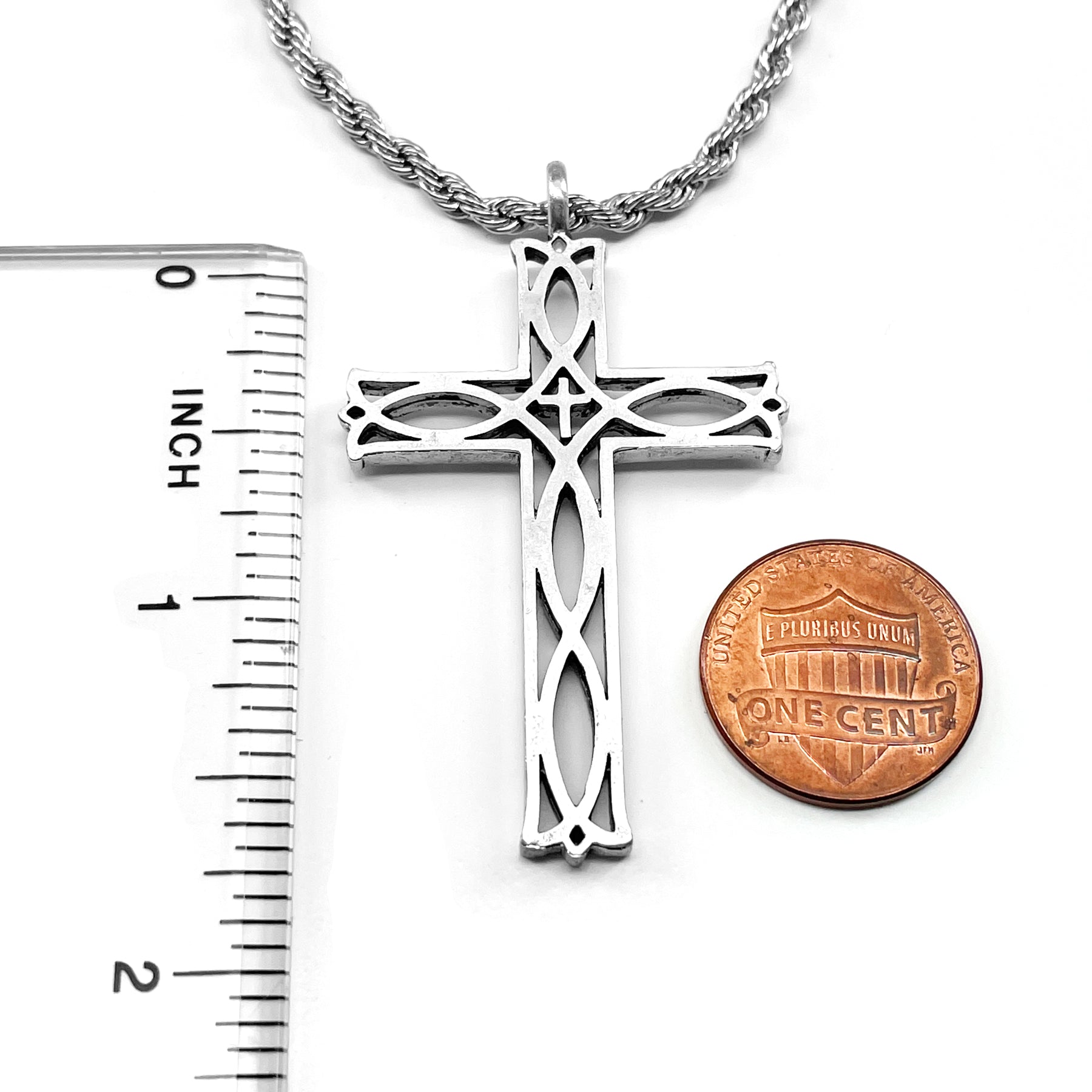Cross Ichthus Fish Antique Silver Necklace Rope Chain