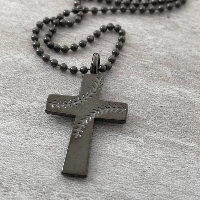 Cross Stitch Dark Metal Finish Baseball Pendant Dark Metal Ball Chain Necklace