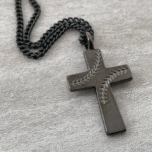 Cross Stitch Dark Metal Finish Baseball Pendant Dark Metal Curb Chain Necklace
