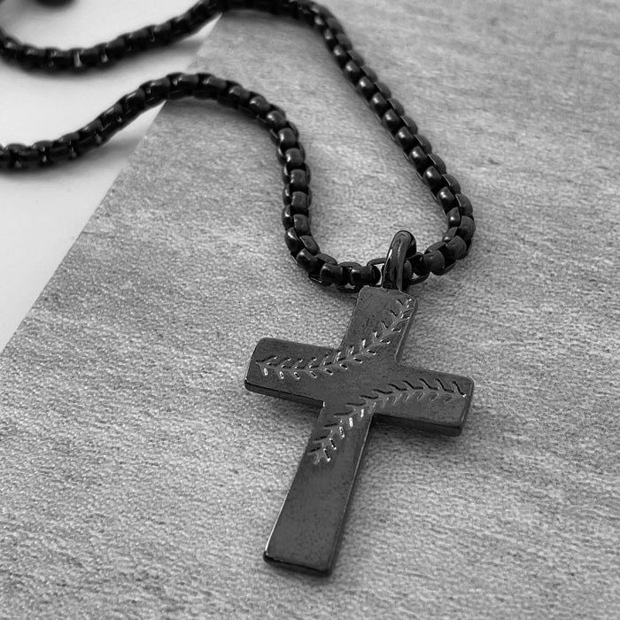 Cross Stitch Dark Metal Finish Baseball Pendant Dark Metal Heavy Chain Necklace