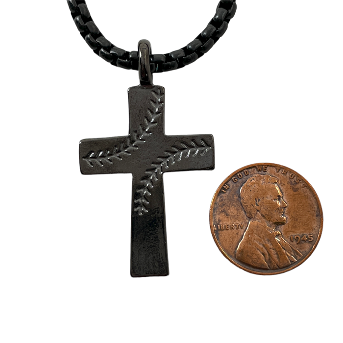 Cross Stitch Dark Metal Finish Baseball Pendant Dark Metal Heavy Chain Necklace