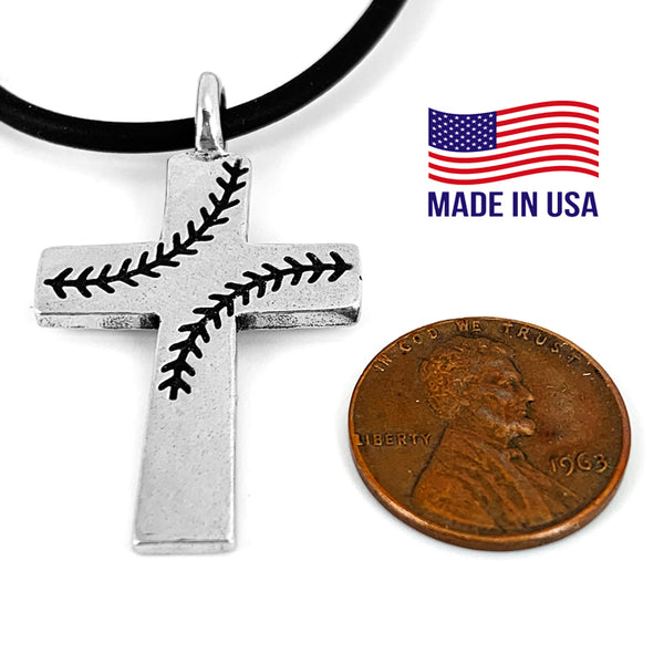 Baseball Stitch Cross Necklace on Black Rubber - Forgiven Jewelry
