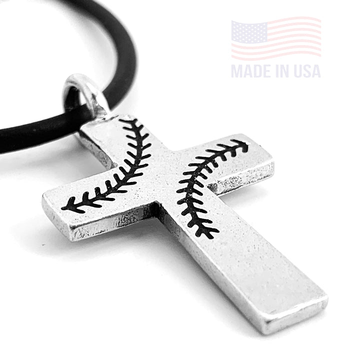 Baseball Stitch Cross Necklace on Black Rubber - Forgiven Jewelry