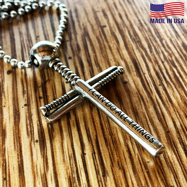 Baseball Bat And Ball Cross On 18 Inch Chain Necklace Pewter I Can Do All Things - Forgiven Jewelry