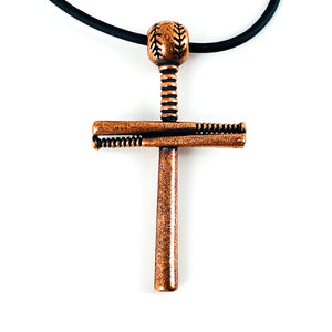 Baseball Bat And Ball Cross Necklace Pewter I Can Do All Things On Black Rubber Copper Finish - Forgiven Jewelry