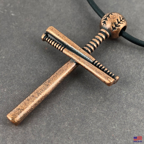 Baseball Bat And Ball Cross Necklace Pewter I Can Do All Things On Black Rubber Copper Finish - Forgiven Jewelry