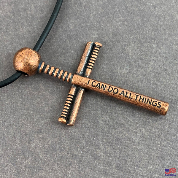 Baseball Bat And Ball Cross Necklace Pewter I Can Do All Things On Black Rubber Copper Finish - Forgiven Jewelry