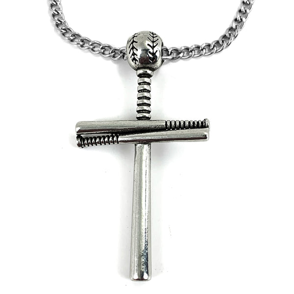 Baseball Bat And Ball Cross On 18 Inch Chain Necklace Pewter I Can Do All Things - Forgiven Jewelry