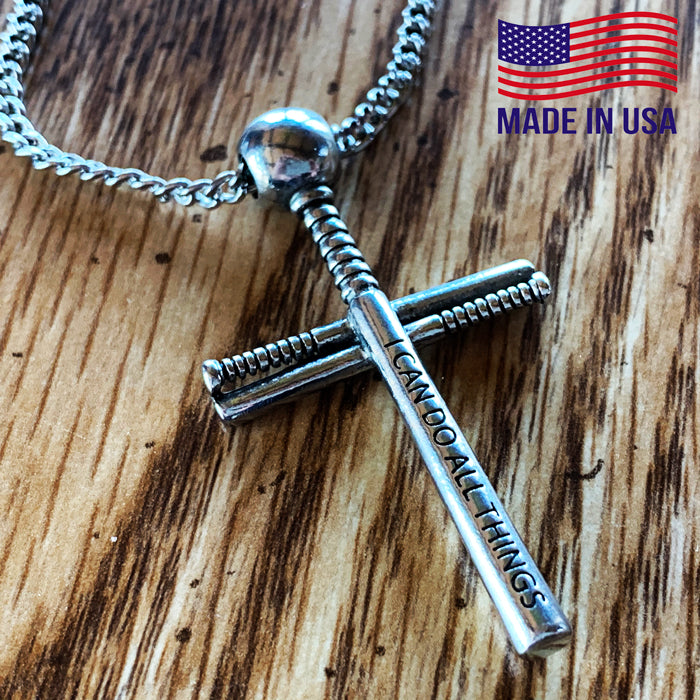 Baseball Bat And Ball Cross On Chain Necklace Pewter I Can Do All Things - Forgiven Jewelry