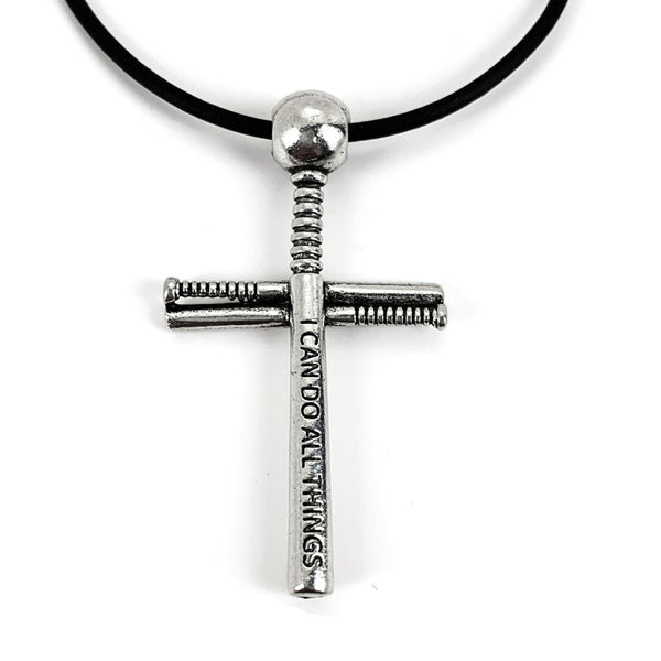 Baseball Bat And Ball Cross Necklace Pewter I Can Do All Things On Black Rubber - Forgiven Jewelry