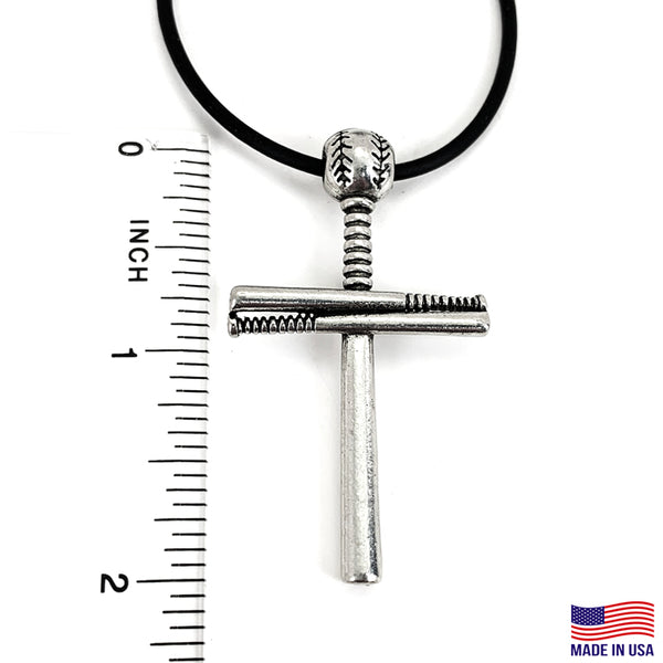 Baseball Bat And Ball Cross Necklace Pewter I Can Do All Things On Black Rubber - Forgiven Jewelry