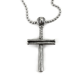 Baseball Bat And Ball Cross On Ball Chain Necklace Antique Pewter - Forgiven Jewelry