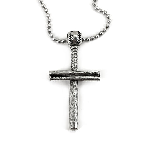 Baseball Bat And Ball Cross On Ball Chain Necklace Antique Pewter - Forgiven Jewelry