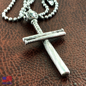 Baseball Bat And Ball Cross On Ball Chain Necklace Antique Pewter - Forgiven Jewelry