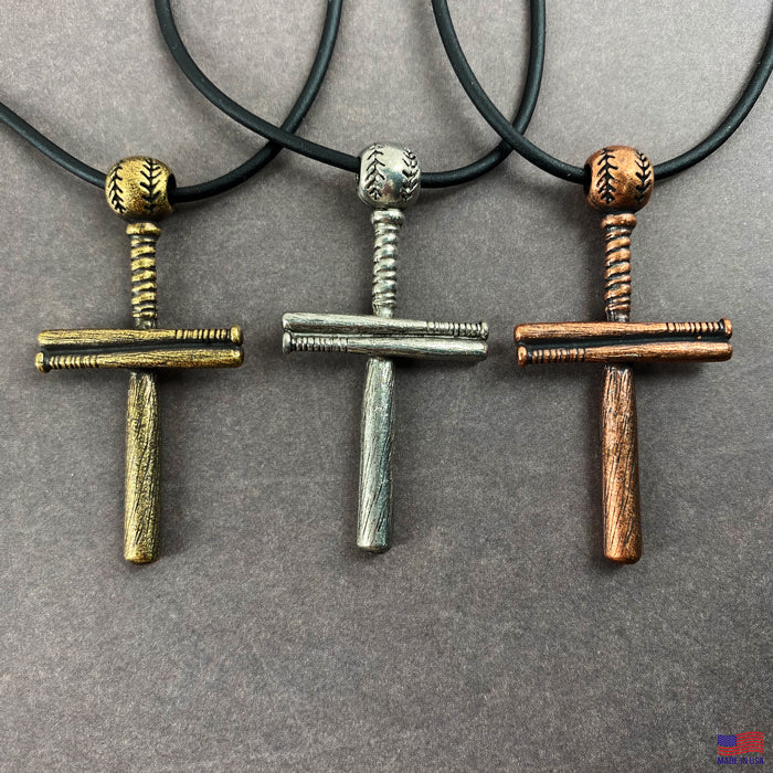 Baseball Bat And Ball Cross On Black Rubber Cord Necklace Antique Pewter - Forgiven Jewelry